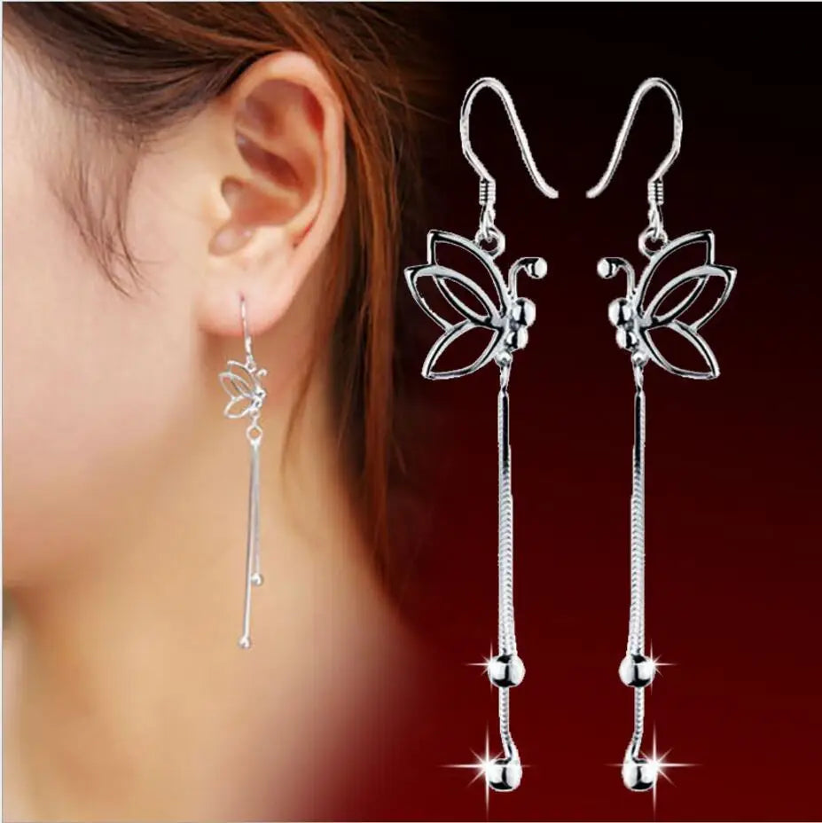 925 Sterling Silver Butterfly Long Tassel Beads Drop Earrings For Women Boucle d'oreille oorbellen S-E65 - Prata925.pt