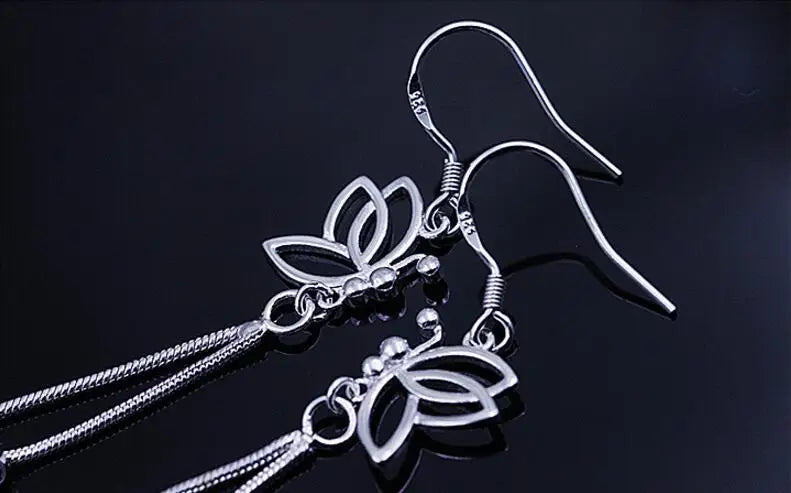 925 Sterling Silver Butterfly Long Tassel Beads Drop Earrings For Women Boucle d'oreille oorbellen S-E65 - Prata925.pt