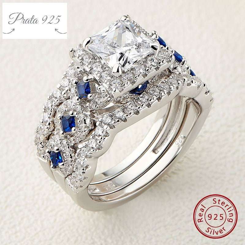 Anéis De 3 Peças - 2.6Ct - Princesa Cut, Branco, Azul, AAAAA CZ, Luxo - Prata925.pt