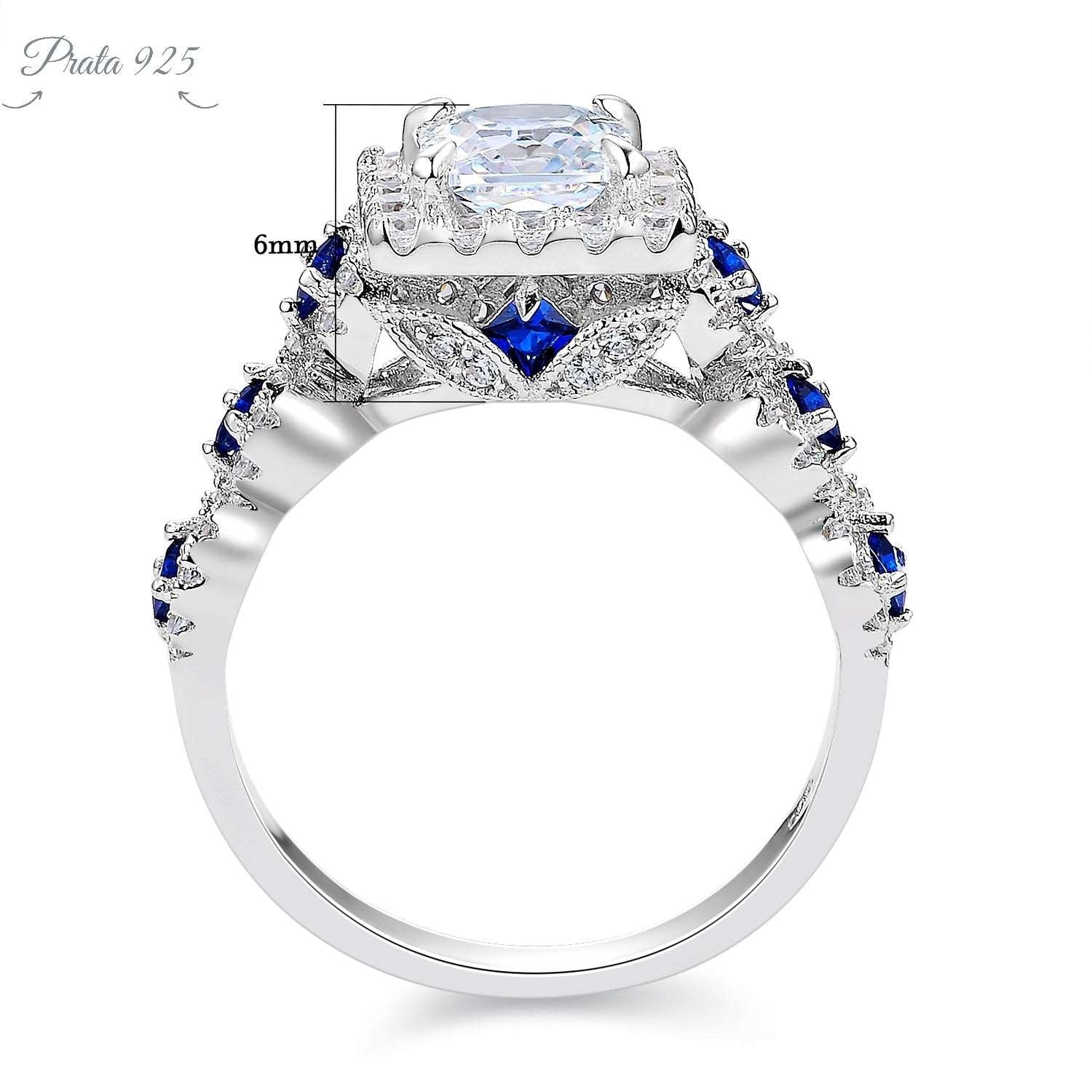 Anéis De 3 Peças - 2.6Ct - Princesa Cut, Branco, Azul, AAAAA CZ, Luxo - Prata925.pt