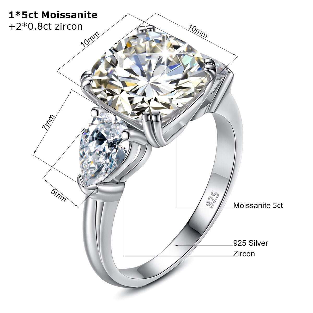 Anel - Almofada de 5 quilates Moissanite + 2* 0.8ct - Prata925.pt