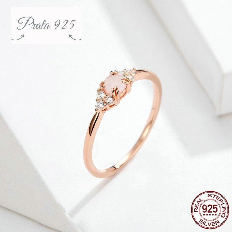 Anel Elegante em Prata  Banhado a Ouro Rosa  - Opala Rosa - Prata925.pt